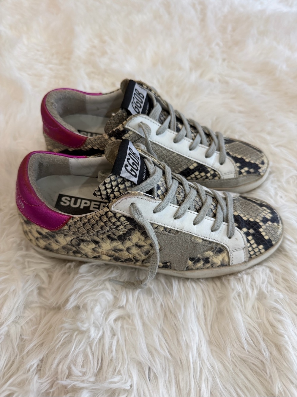 Golden Goose Women's Snake-Print Superstar Sneakers with Pink Heel Tab size 35
